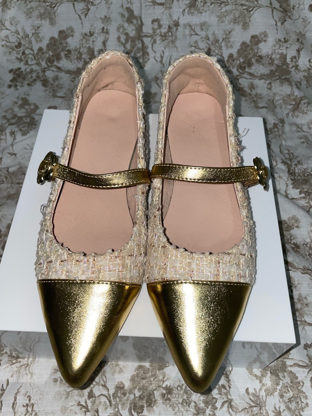 Handcrafted Italian Leather -Gold Cap-Toe Tweed Mary Jane Flats - Women's